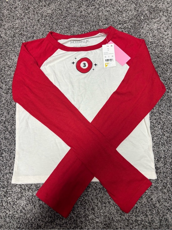 Modern Lux Tops - Modern Lux Red and White Raglan Long Sleeve Tee with Pool-Ball Graphic